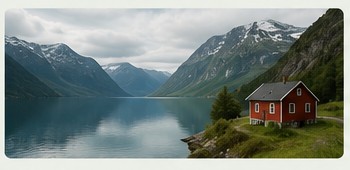 Norsk fjordlandskap med hus ved vannet